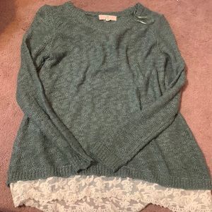 Gorgeous Pink Republic size large green sweater with white lace
